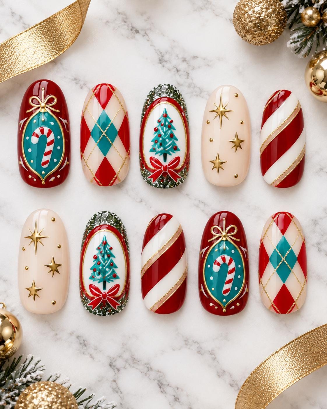 Vintage Christmas Press On Nails With Candy Cane Stripes, Plaid, Ornaments and Gold Stars