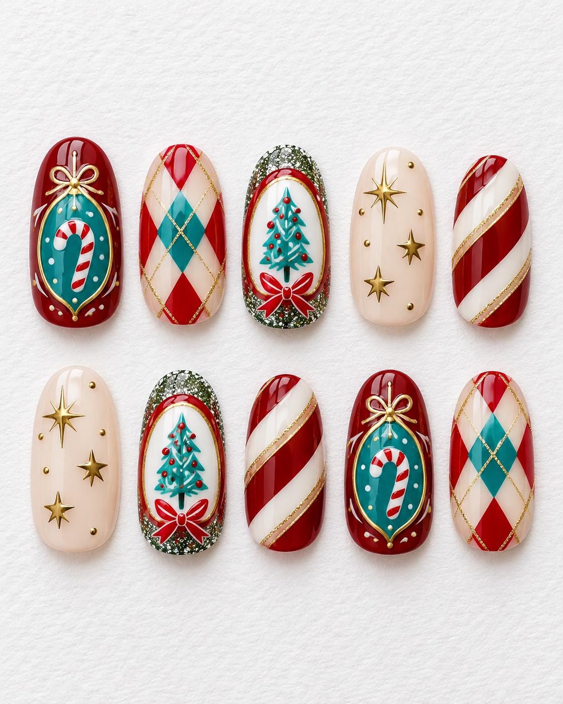 Vintage Christmas Press On Nails With Candy Cane Stripes, Plaid, Ornaments and Gold Stars