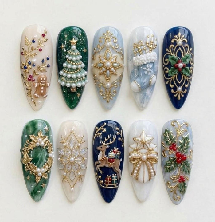 Vintage Christmas Press On Nails with Gold Filigree, Pearls, Reindeer and Holiday Motifs