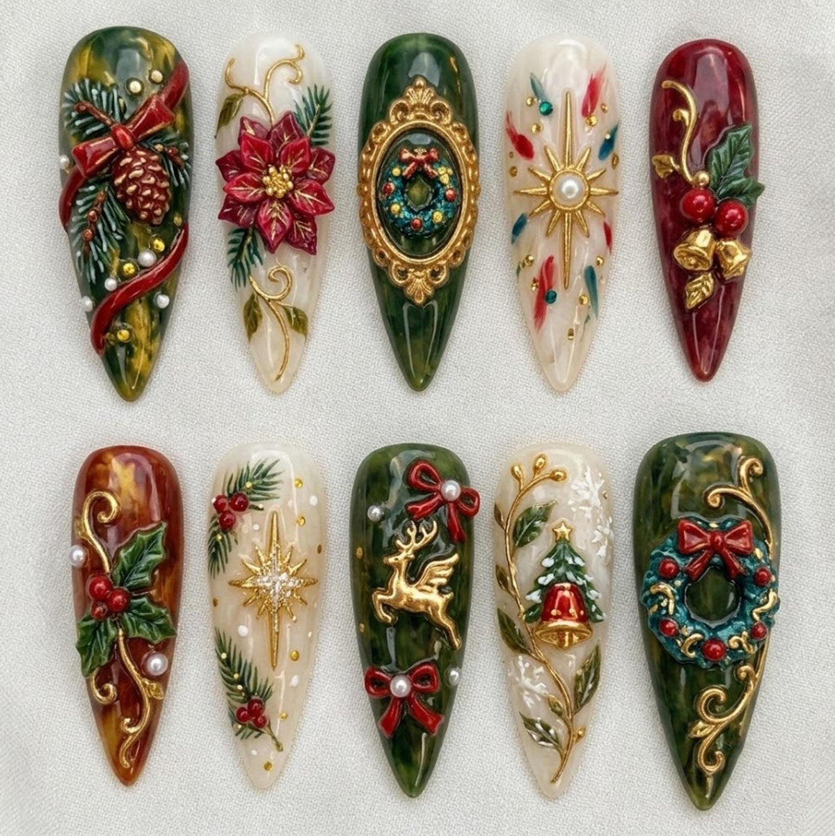 Vintage Christmas Press On Nails With Gold Scrollwork, Poinsettias and 3D Holiday Details