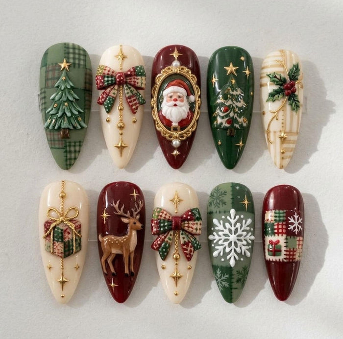 Vintage Christmas Press On Nails With Plaid, 3D Charms, Santa and Gold Accents