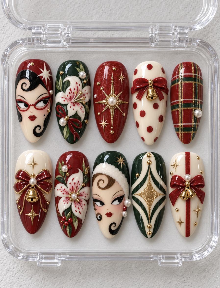 Vintage Christmas Press On Nails with Red Bows, Gold Bells, Plaid and Retro Faces