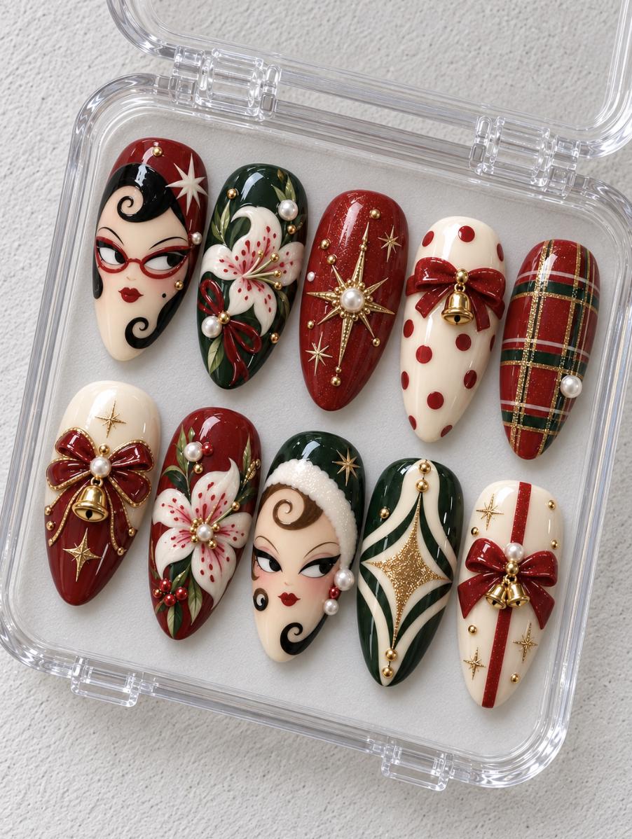 Vintage Christmas Press On Nails with Red Bows, Gold Bells, Plaid and Retro Faces