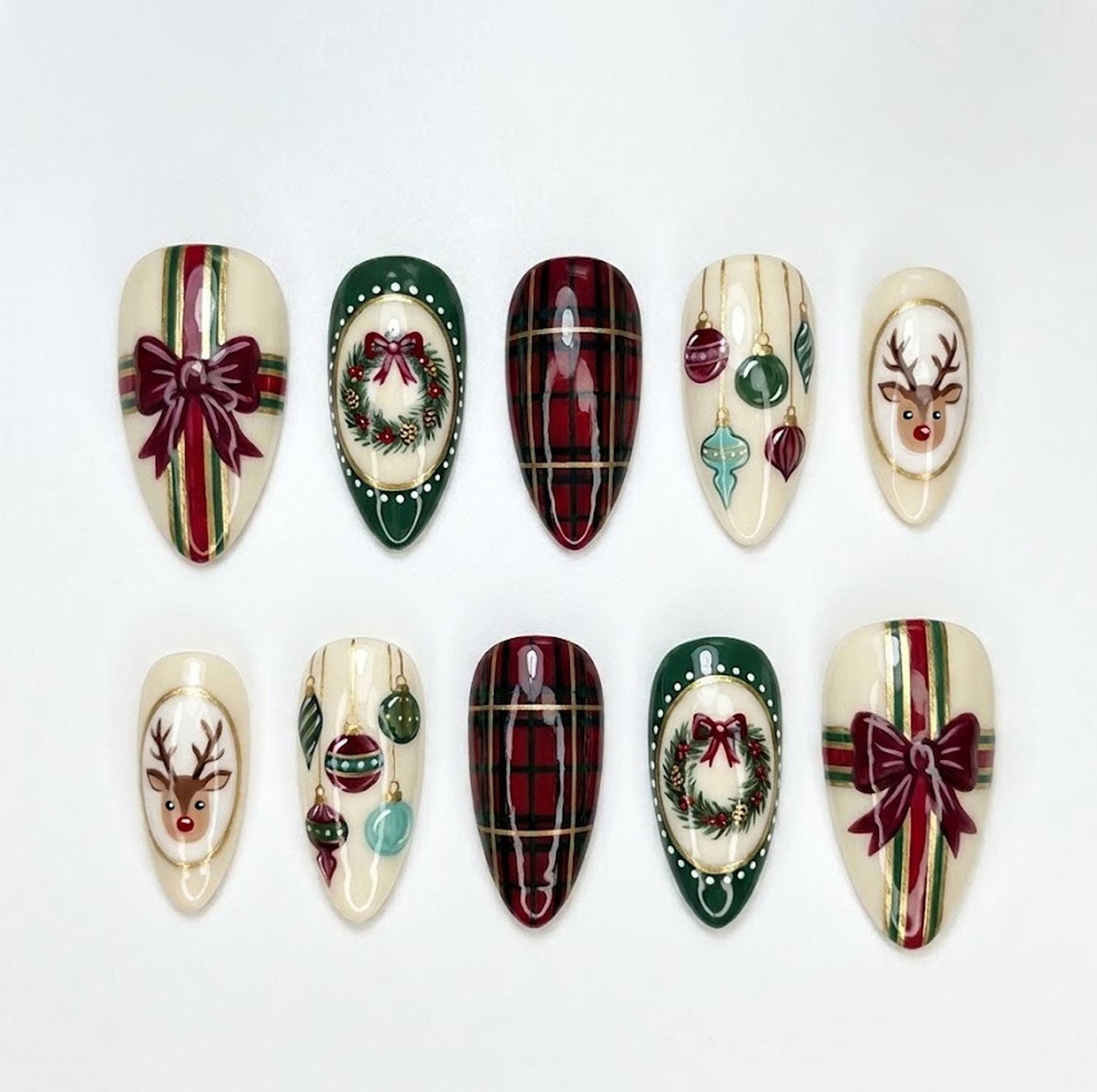 Vintage Christmas Press-On Nails with Reindeer, Plaid, Wreaths and Bows