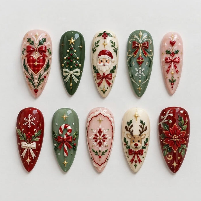 Vintage Christmas Press On Nails With Santa, Reindeer, Poinsettias, and 3D Bows