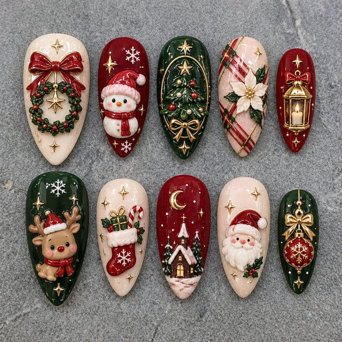 Vintage Christmas Press On Nails With Santa, Reindeer, Wreaths and Gold Details