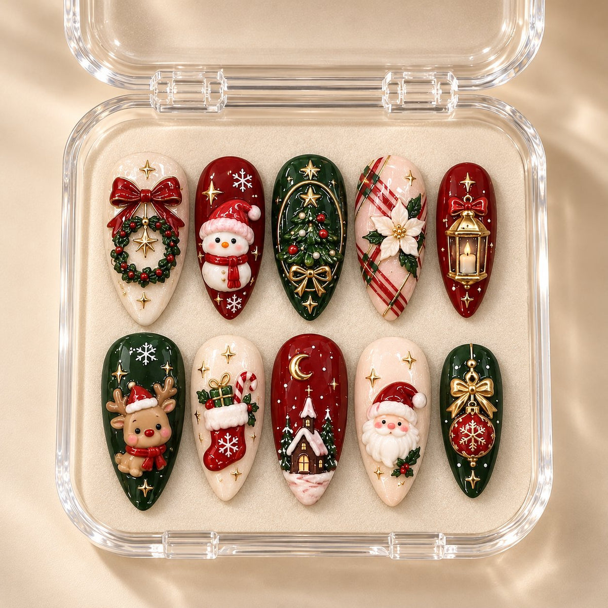 Vintage Christmas Press On Nails With Santa, Reindeer, Wreaths and Gold Details in clear acrylic storage box