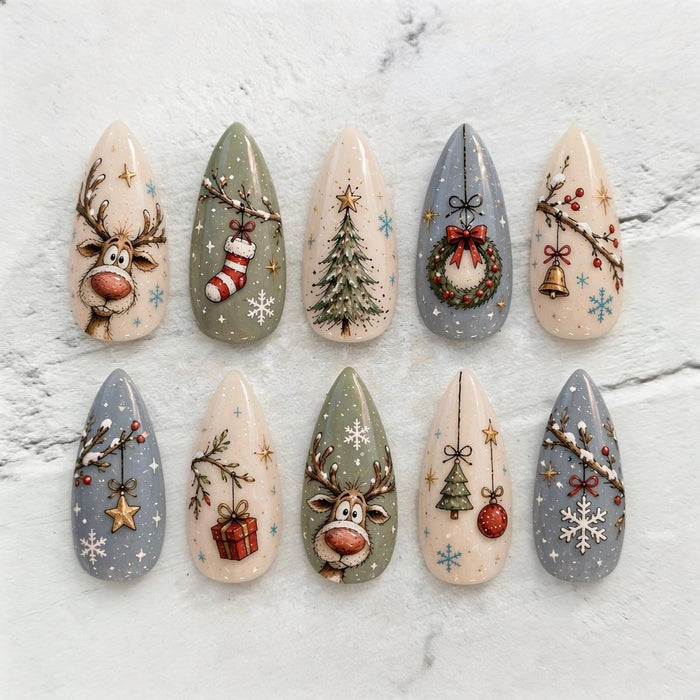 Vintage Christmas Reindeer and Storybook Holiday Press On Nail Set