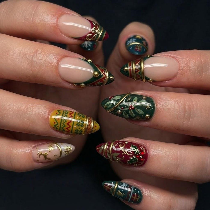Vintage Christmas Sweater Press On Nails With Red and Green French Tips
