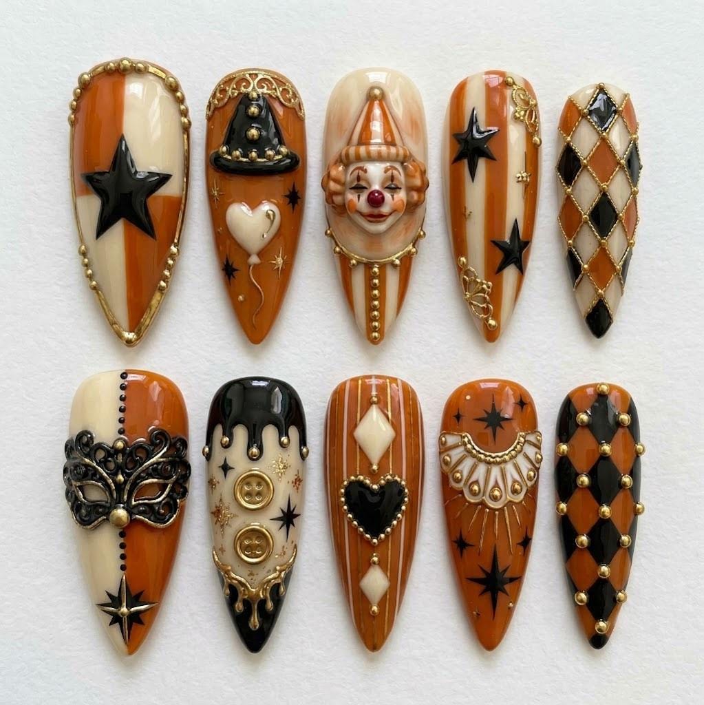 Vintage Circus Press-On Nails with Harlequin Diamonds, Stars, and Gold Details