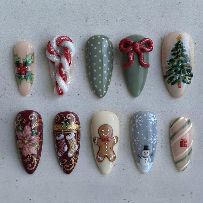 Vintage Cottagecore Christmas Press On Nails with 3D Candy Cane and Bow Details