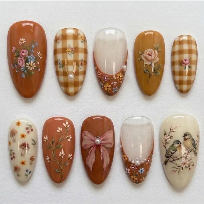 Vintage Cottagecore Fall Press On Nails with Gingham, Florals, Mushrooms and Woodland Birds