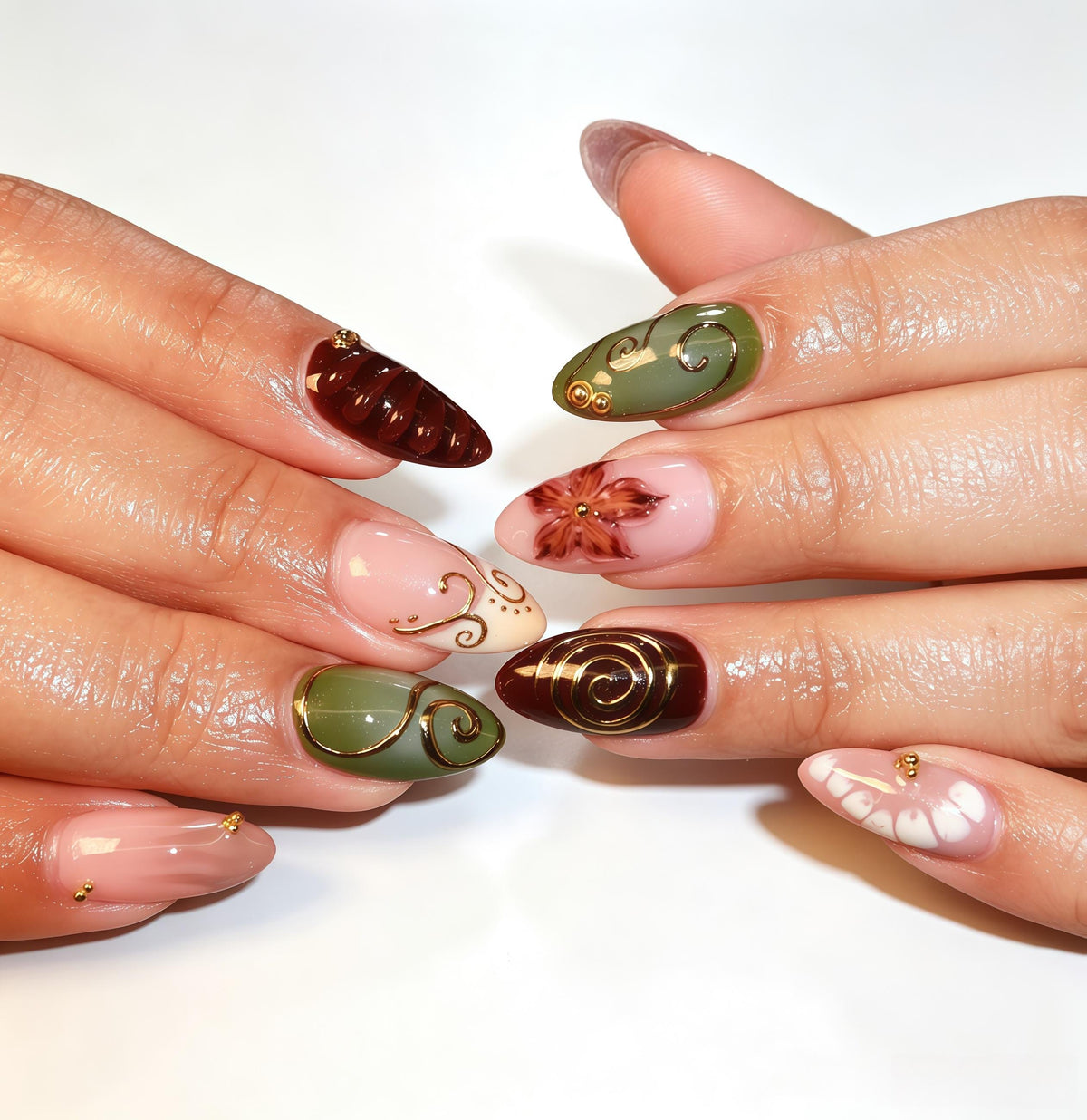 Vintage Floral Press-On Nails in Sage Green, Burgundy, and Blush With Gold Details