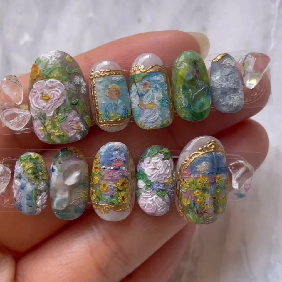 Vintage Floral Scene Press-On Nails With Green, Blue, Pink, and Gold Details