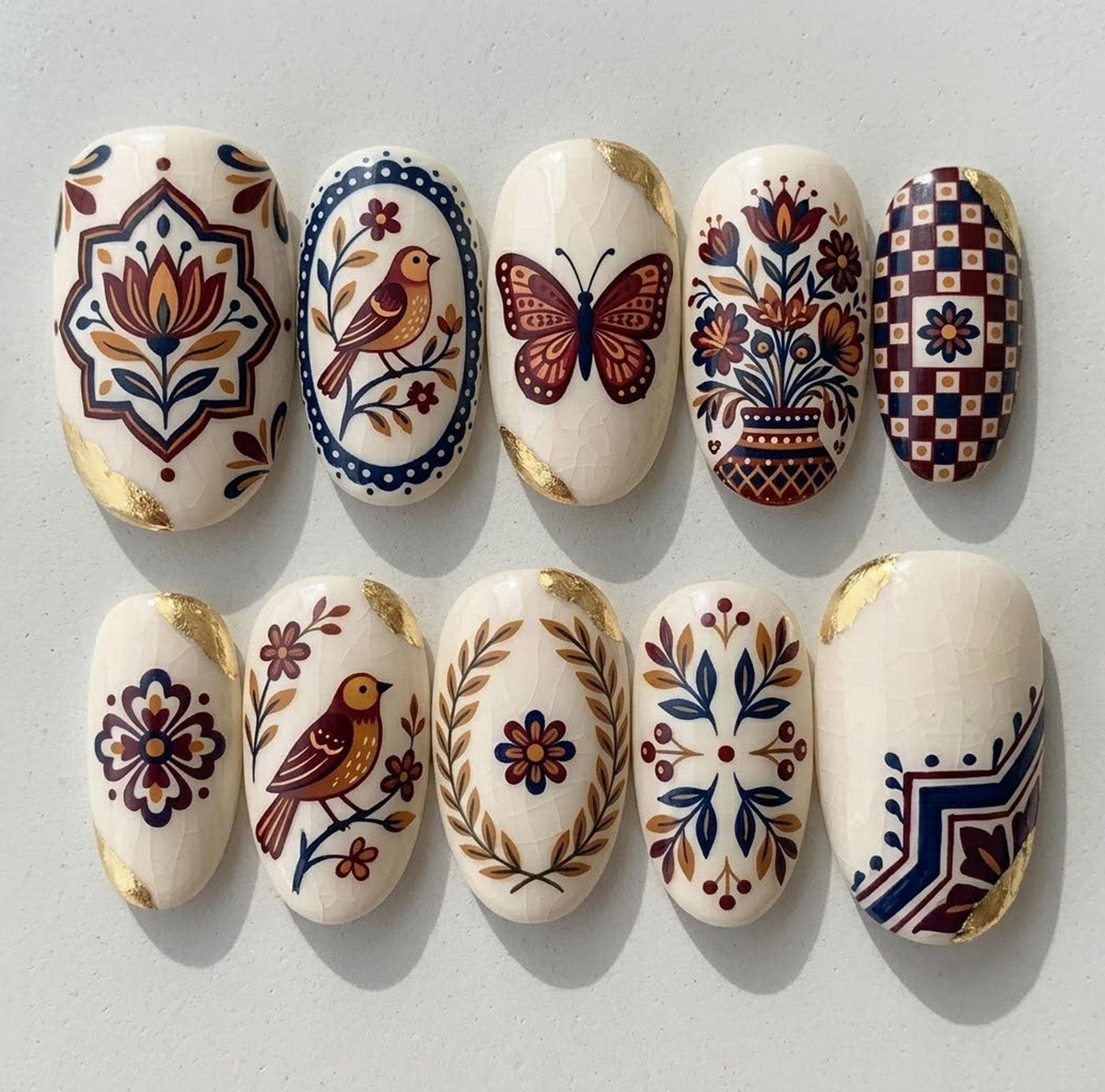 Vintage Folk Art Ceramic Tile Nail Set With Birds, Butterflies & Gold Foil