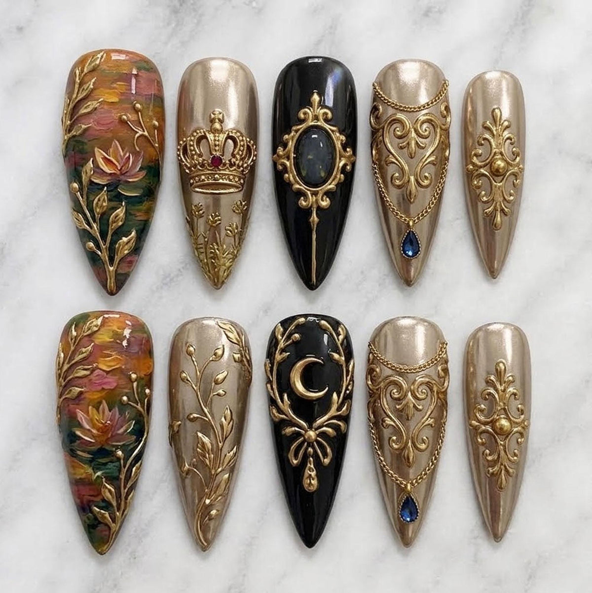 Vintage Gold Crown and Botanical Floral Press-On Nail Set