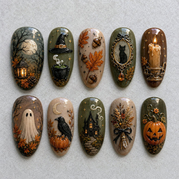 Vintage Gothic Halloween Press On Nails With Pumpkins, Ghosts, Cats and Autumn Details