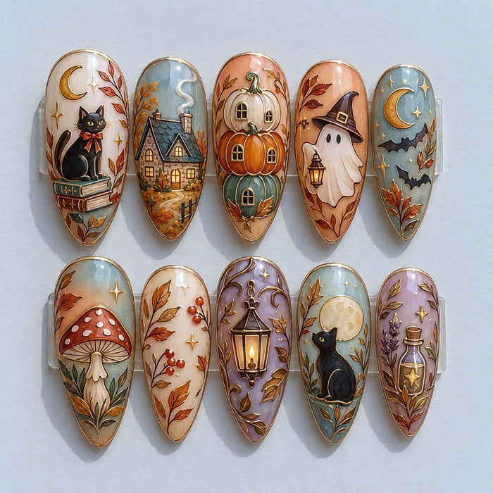 Vintage Halloween Press On Nails with Black Cat, Pumpkins, Ghost, and Autumn Art