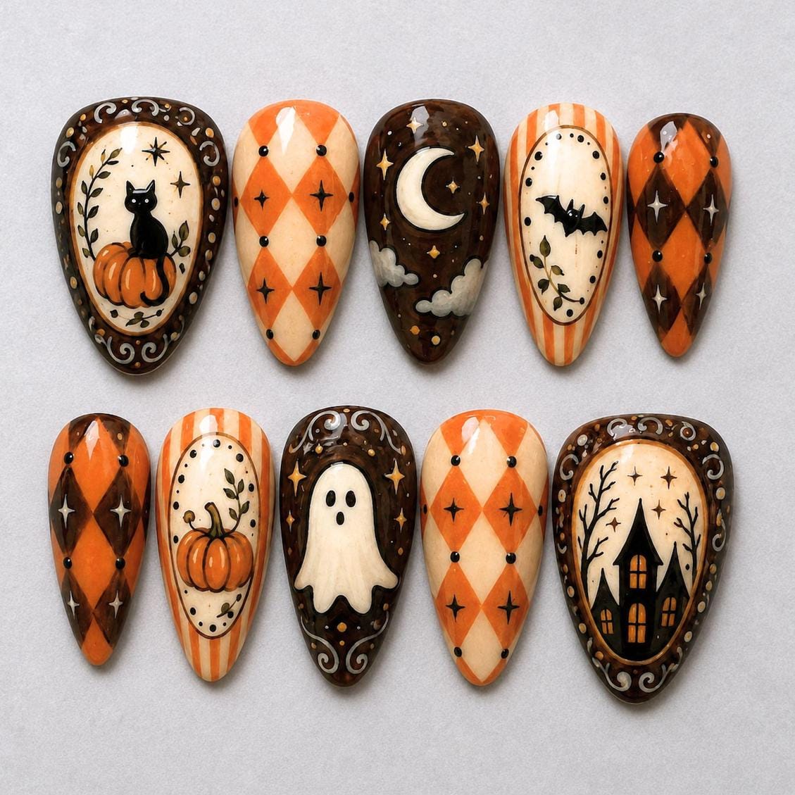 Vintage Halloween Pumpkin, Ghost, Cat and Haunted House Nail Set