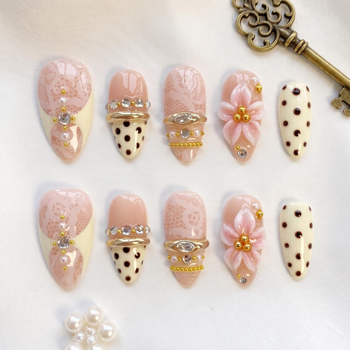 Vintage Lace Floral Polka Dot Press-On Nail Set with Gold Details