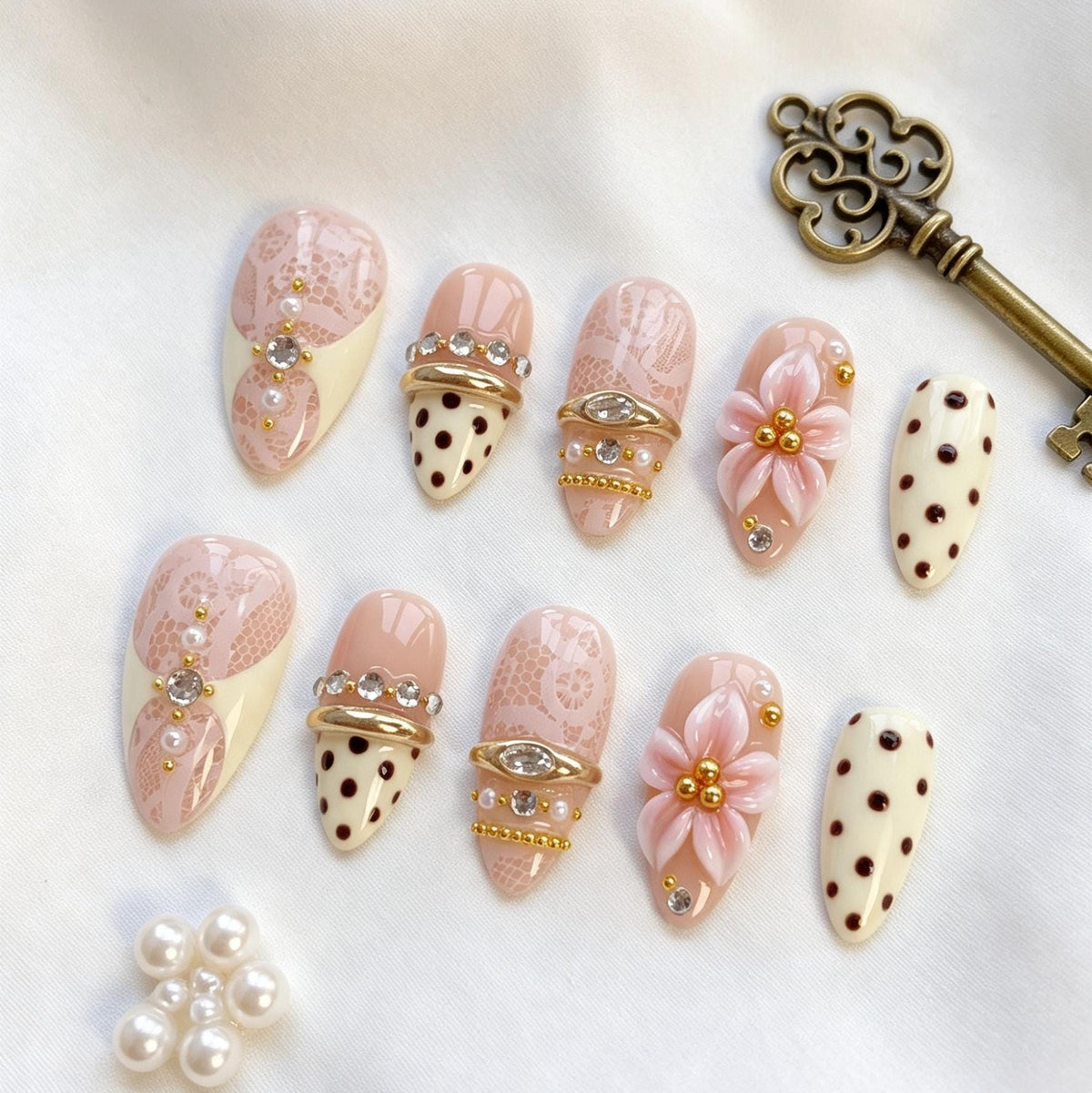 Vintage Lace Floral Polka Dot Press-On Nail Set with Gold Details