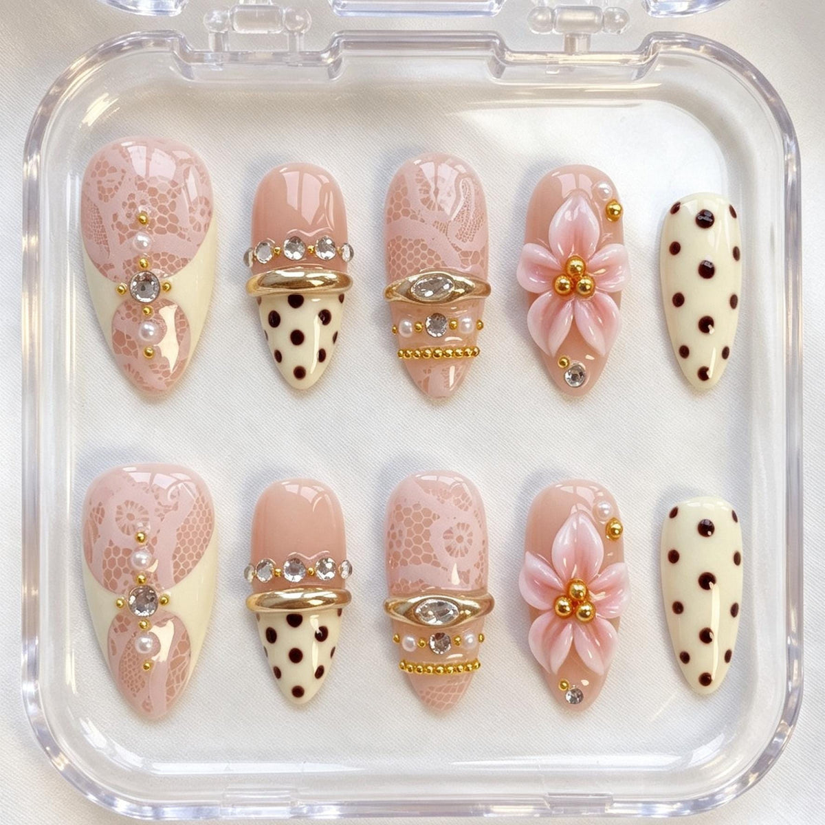 Vintage Lace Floral Polka Dot Press-On Nail Set with Gold Details