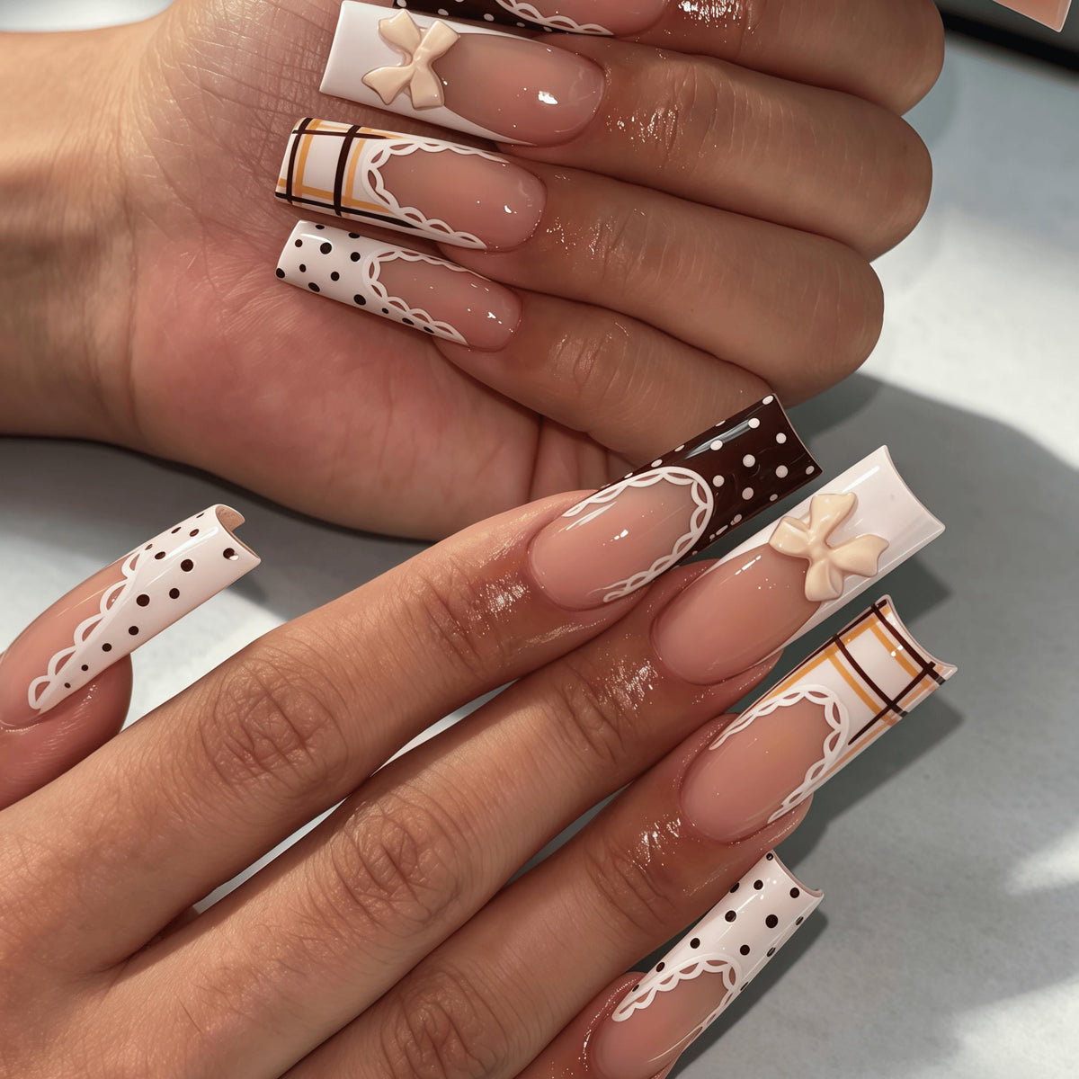 Vintage Lace, Plaid and Polka Dot Bow Nail Set