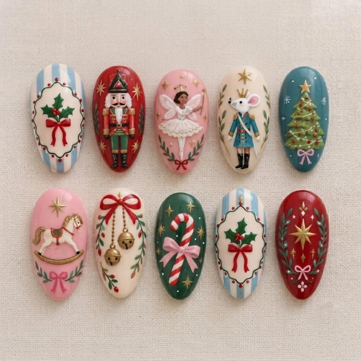 Vintage Nutcracker Christmas Nail Set With Ballerina, Mouse, Bows and Holiday Motifs