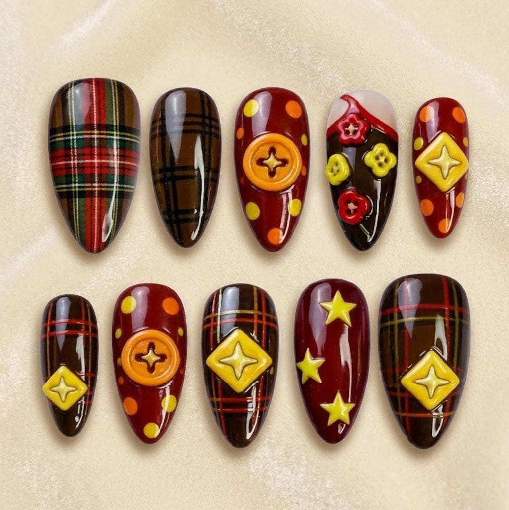 Vintage Plaid Fall Press-On Nails in Burgundy, Brown & Mustard with 3D Accents