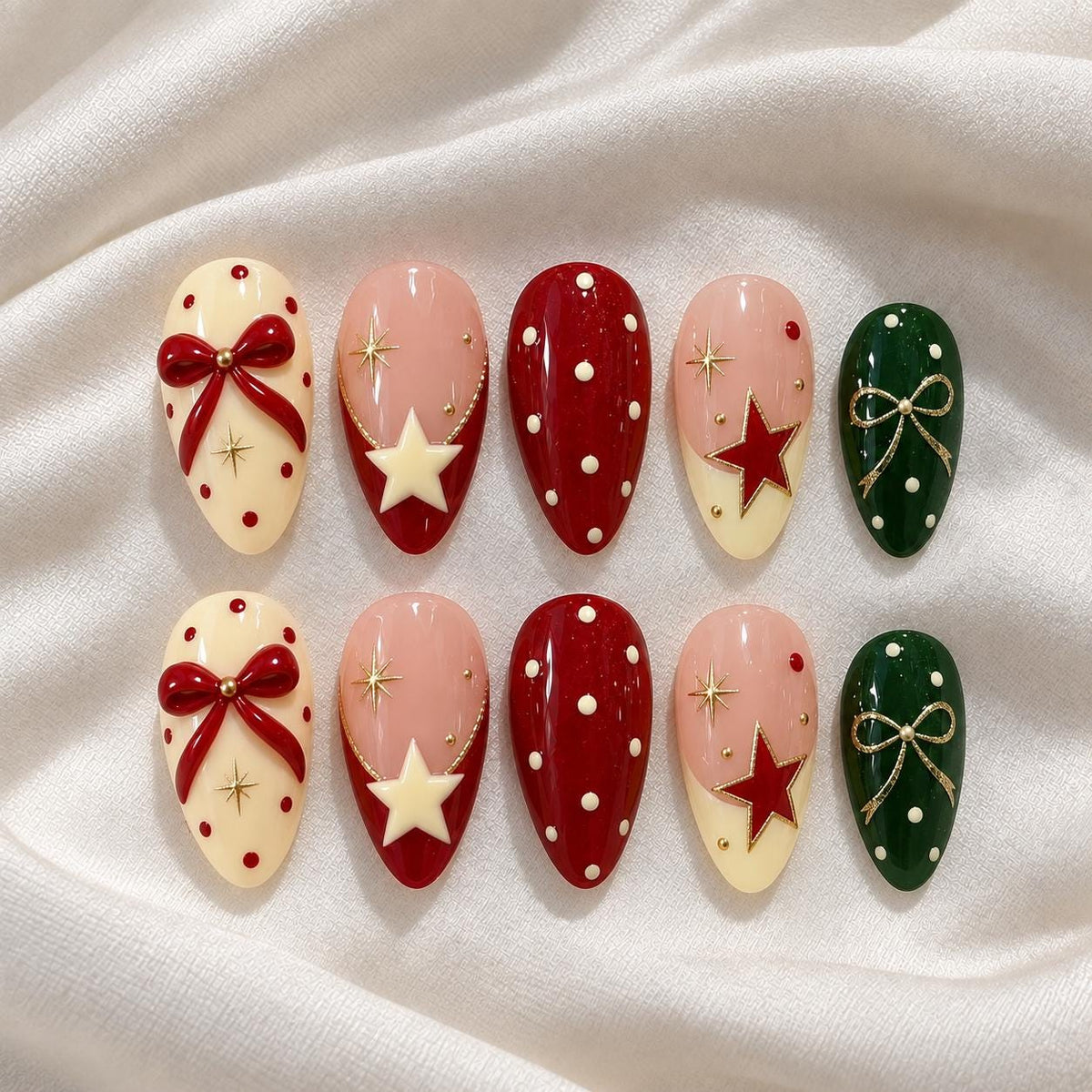 Vintage Red and Green Christmas Nails with Bows, Stars, and Gold Accents