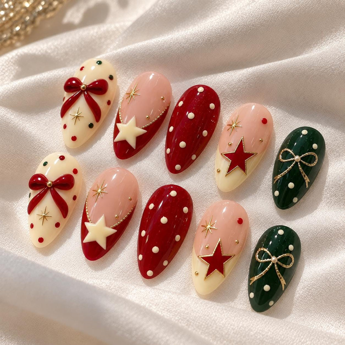 Vintage Red and Green Christmas Nails with Bows, Stars, and Gold Accents