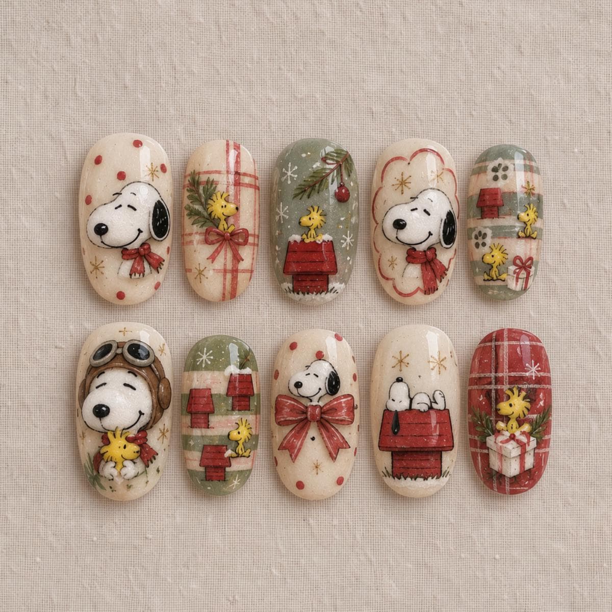 Vintage Snoopy and Woodstock Christmas Nail Set with Plaid, Bows, and Holiday Details