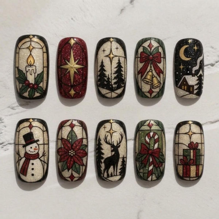Vintage Stained Glass Christmas Press On Nails With Holiday Illustrations
