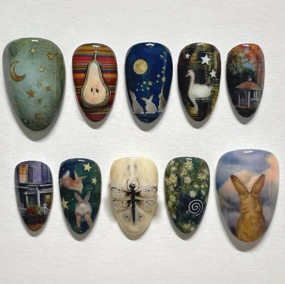Vintage Storybook Press On Nails with Rabbits, Celestial Details, and Nature Scenes