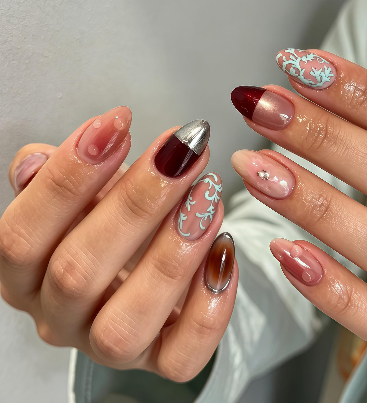 Vintage Vine Line Art Nails With Burgundy French Tips and Silver Accents