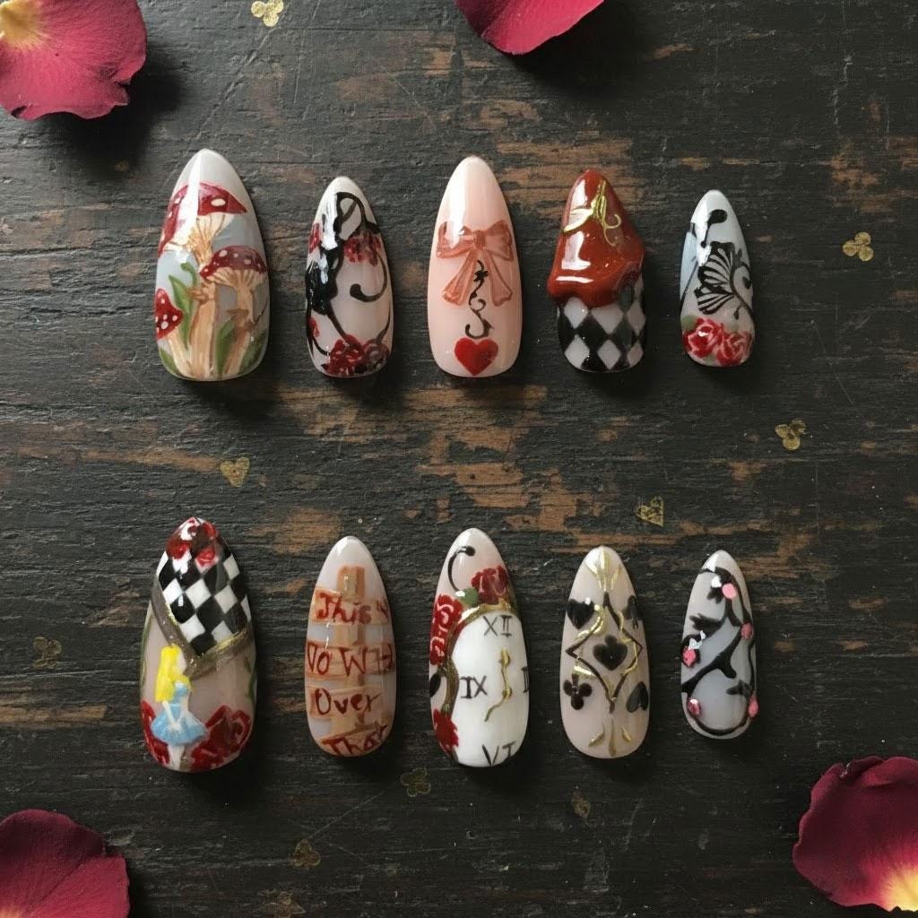 Vintage Wonderland Press-On Nails with Roses, Mushrooms, Clocks and Checkerboard Details