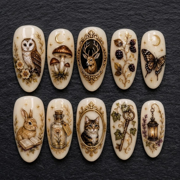 Vintage Woodland Animal Press On Nail Set With Mushrooms, Antique Gold Frames, and Celestial Accents