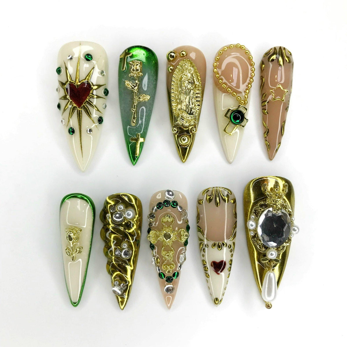 Virgin Mary and Cross Nail Set With Gold Details, Rhinestones and Pearls