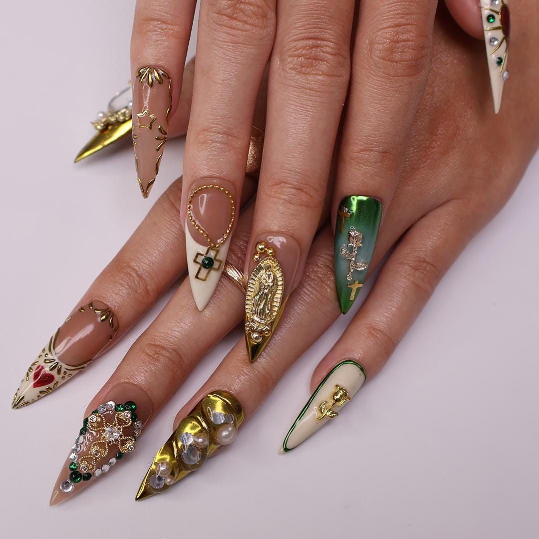 Virgin Mary and Cross Nail Set With Gold Details, Rhinestones and Pearls
