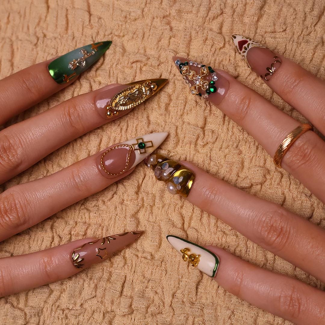 Virgin Mary and Cross Nail Set With Gold Details, Rhinestones and Pearls