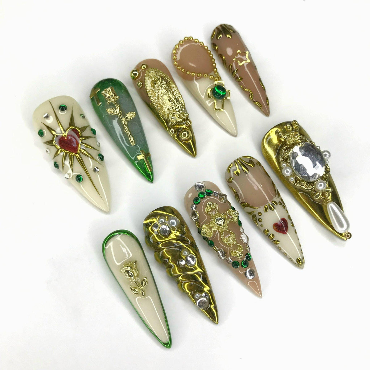 Virgin Mary and Cross Nail Set With Gold Details, Rhinestones and Pearls