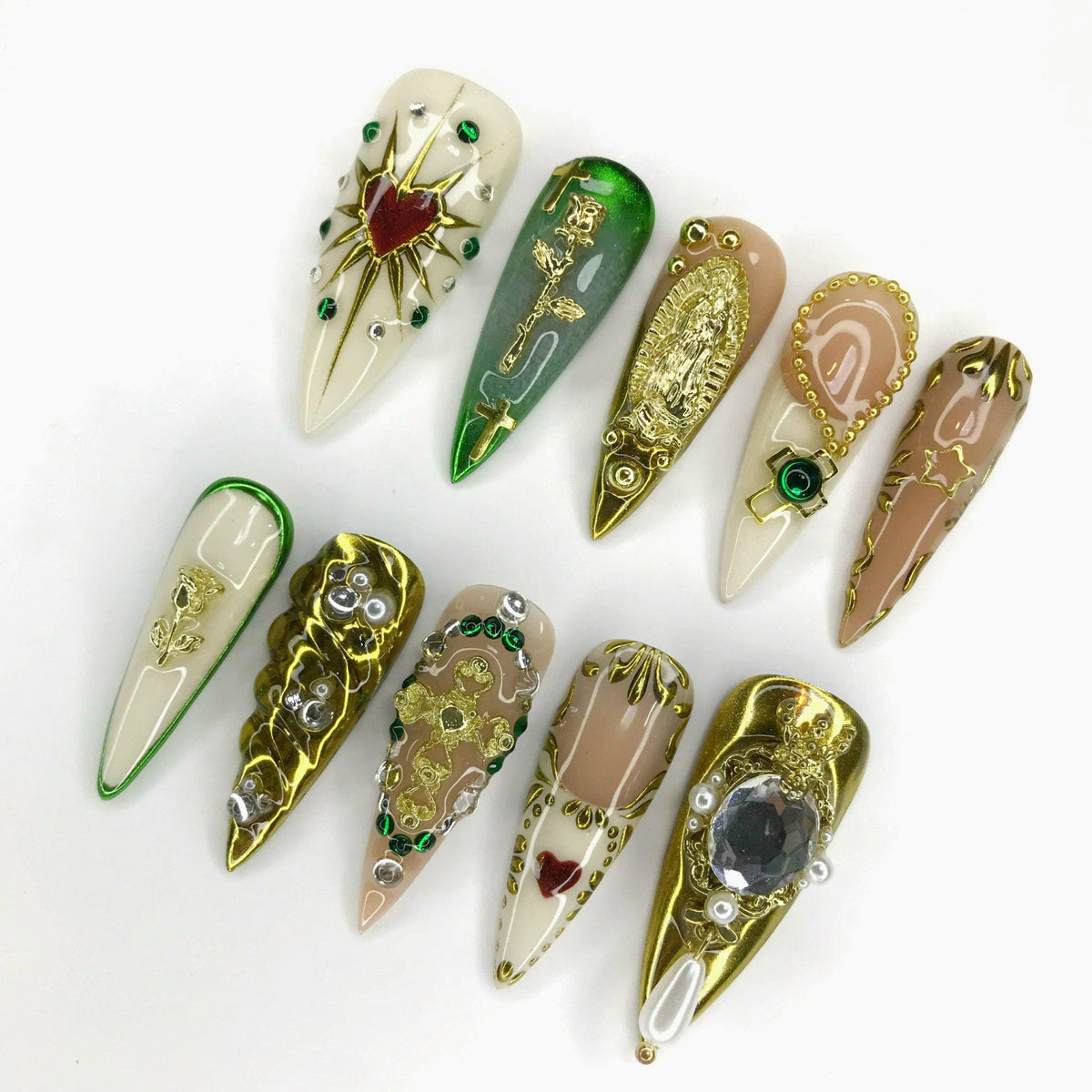 Virgin Mary and Cross Nail Set With Gold Details, Rhinestones and Pearls