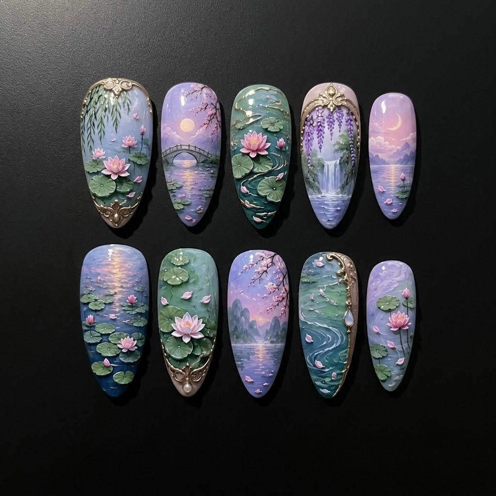 Watercolor Lotus Pond Landscape Press On Nail Set With Gold Accents