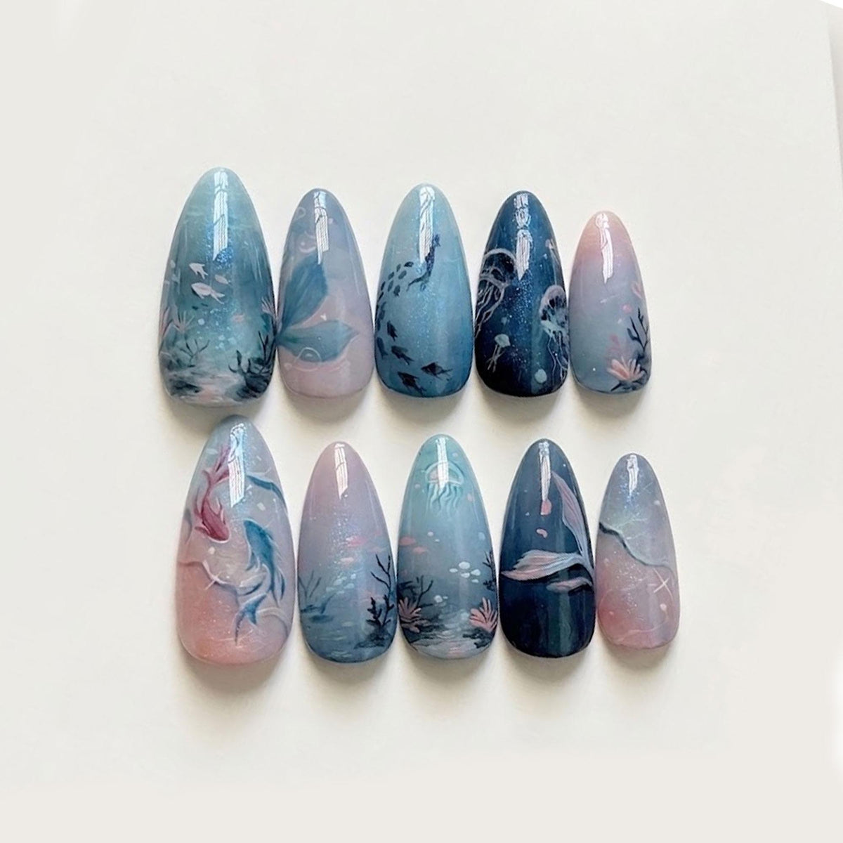 Watercolor Mermaid Ocean Scene Press On Nails With Fish, Jellyfish and Coral