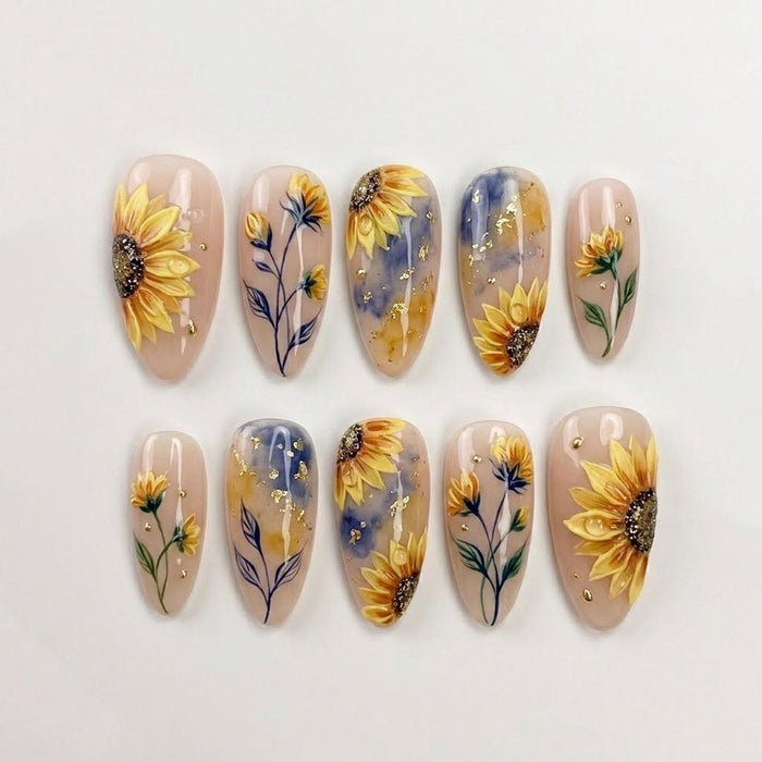 Watercolor Sunflower Press On Nails with Gold Flecks and Blue-Gray Accents