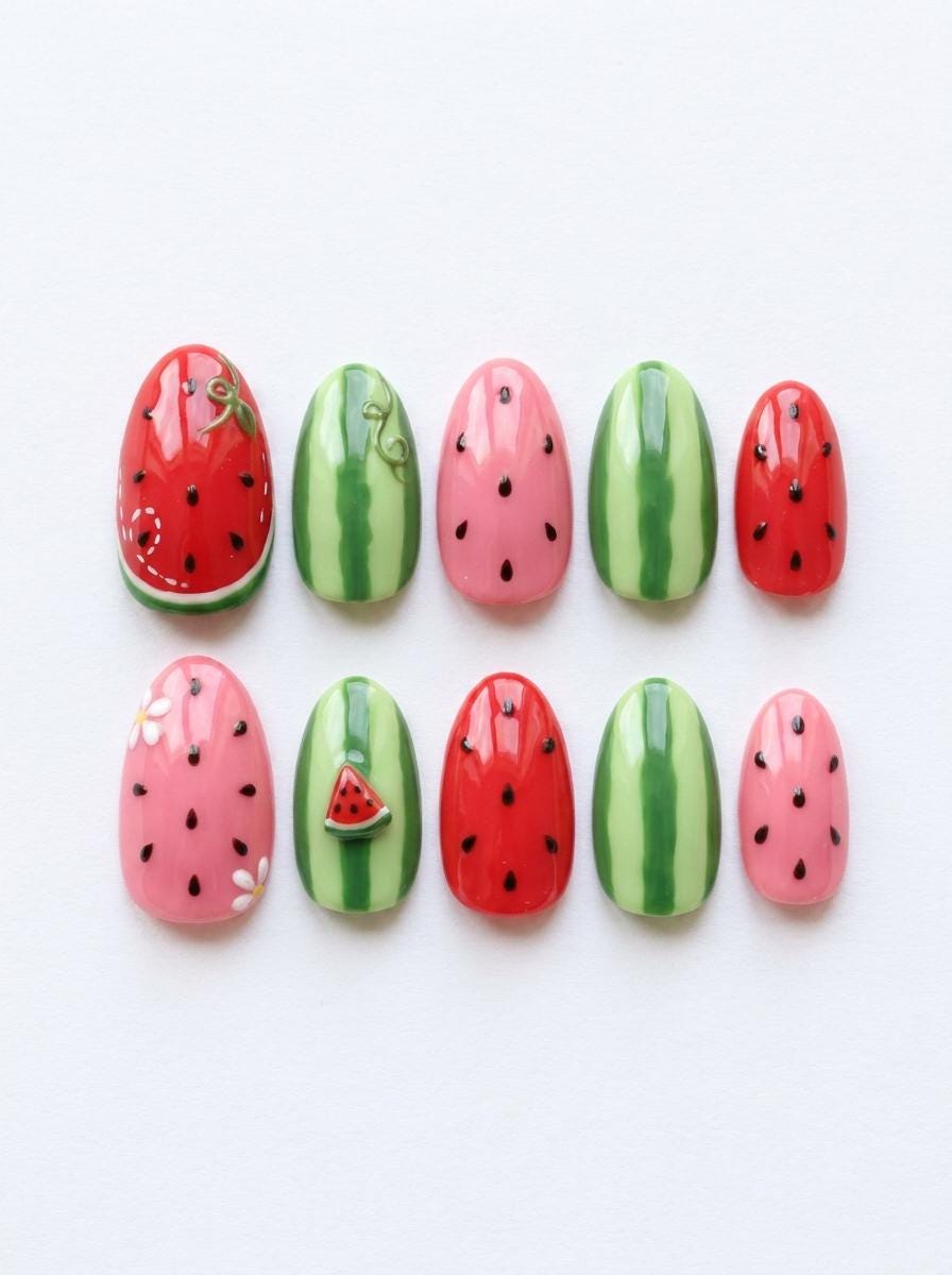 Watermelon Slice and Rind Summer Nail Set