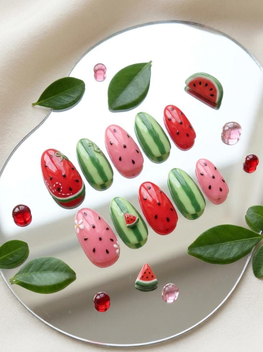 Watermelon Slice and Rind Summer Nail Set