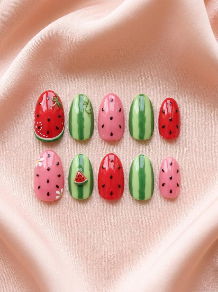 Watermelon Slice and Rind Summer Nail Set