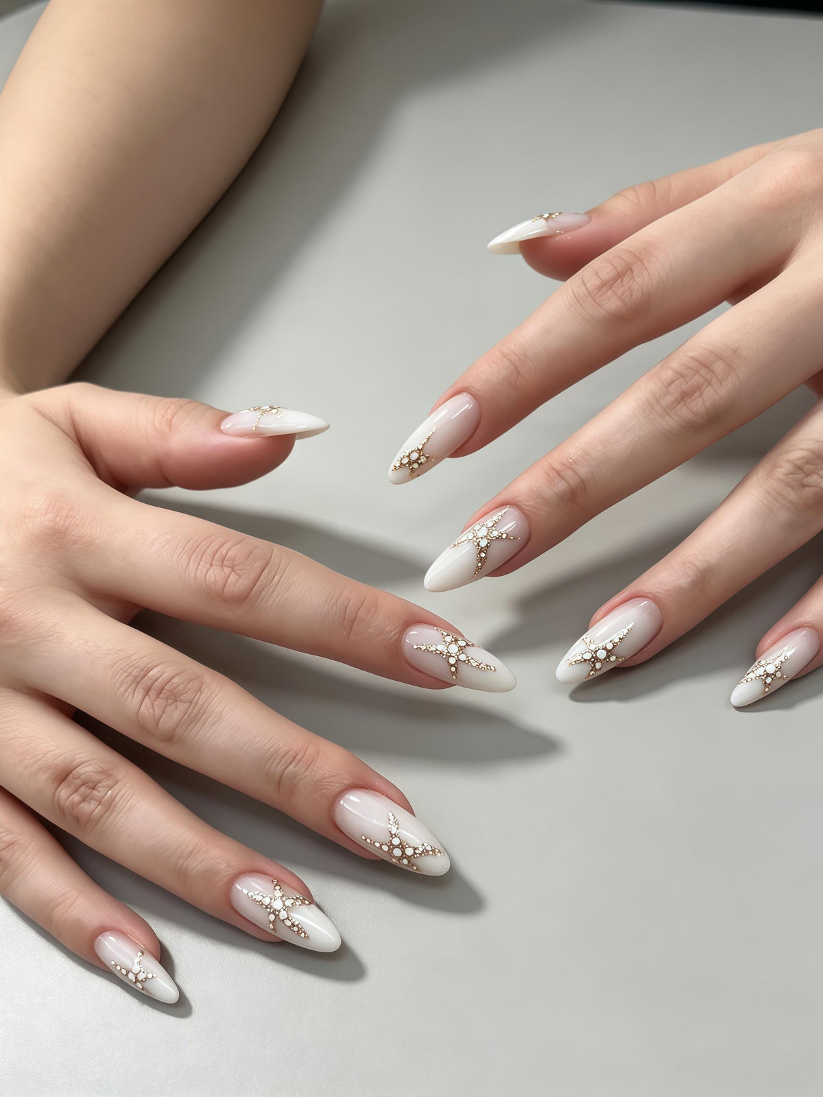 Wedding Sheer Pink French Tip Nails With Gold Stars and Rhinestones