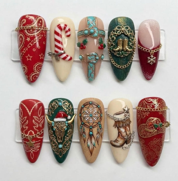 Western Christmas Press-On Nails With Turquoise, Gold Paisley, Cowboy Boots and Holiday Charms